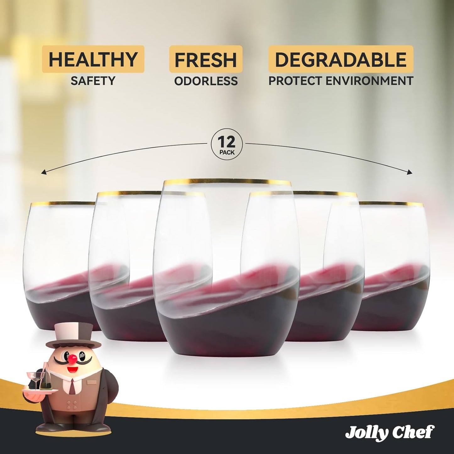JOLLY CHEF 12 Pack 12oz Gold Plastic Wine Glasses Stemless, Gold Disposable Wine Cups, Premium Quality, Recyclable, Unbreakable, Crystal and BPA-Free for Party