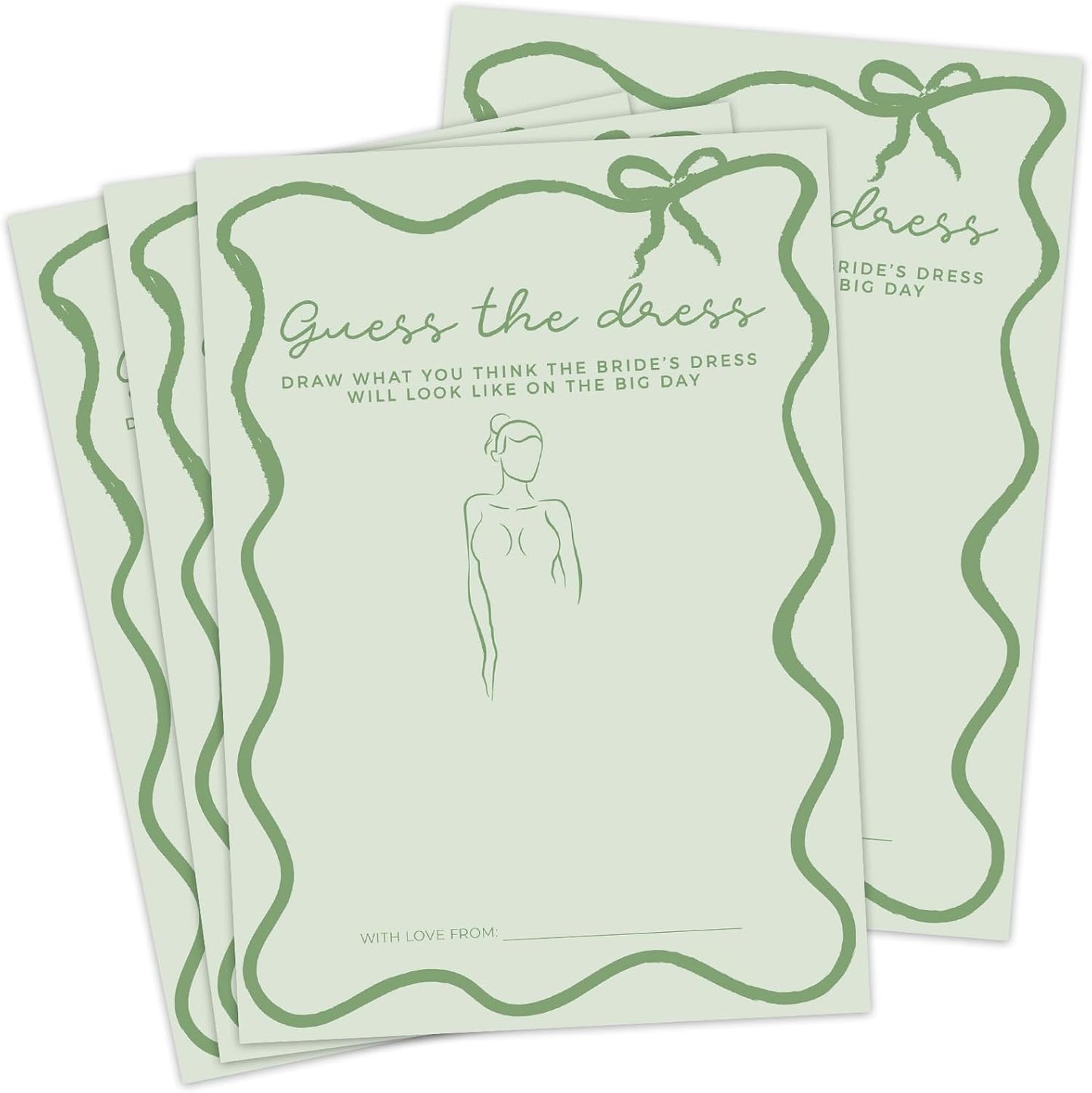 DEEKA 30 PCS Bridal Shower Games Card for 30 Guests Sage Green Wavy Border Ribbon Bow Funny Wedding Bachelorette Party Games for Reception (Guess The Dress)