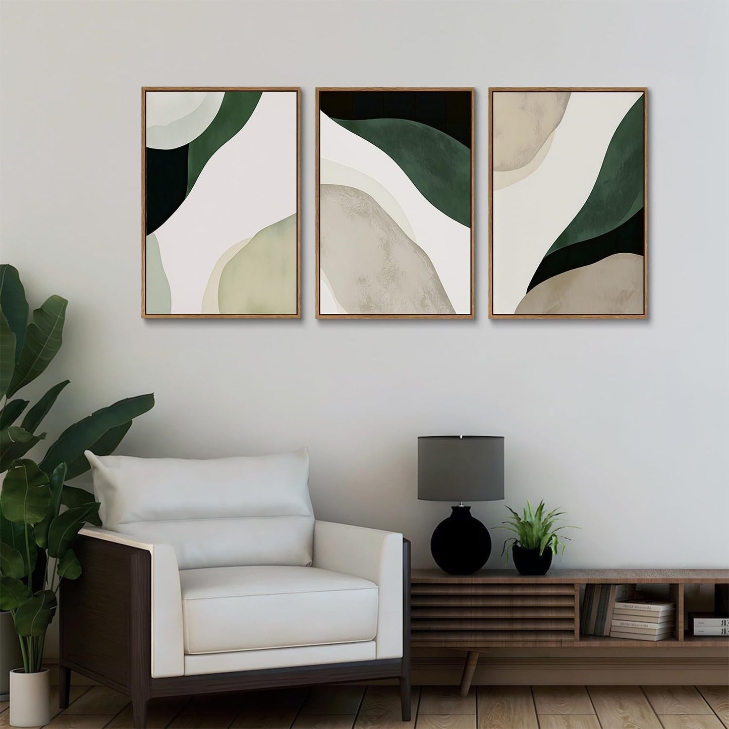 myusuar 3 Piece Large Modern Abstract Canvas Framed Wall Art For Living Room, Green Black White Minimalist Wall Art Decor Posters Prints For Bedroom Office 12x16in