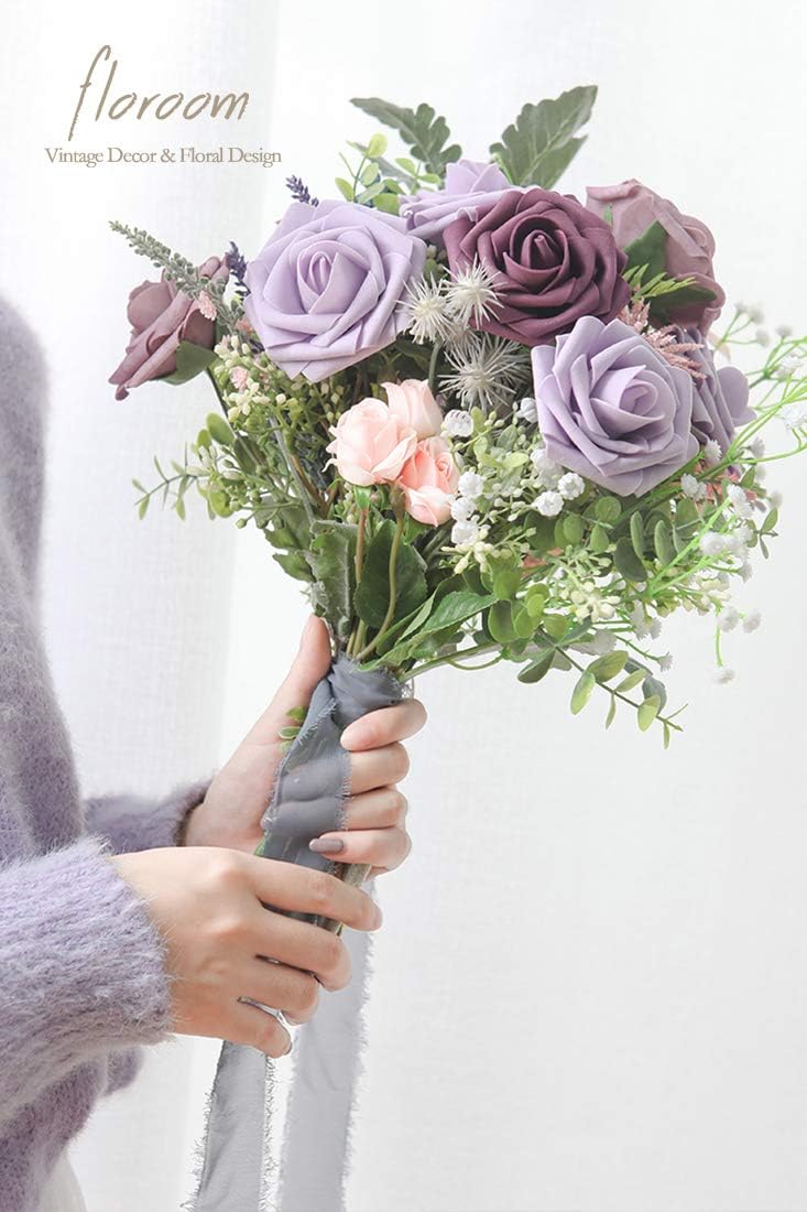 Floroom Artificial Flowers 50pcs Real Looking Lilac Foam Fake Roses with Stems for DIY Wedding Bouquets Baby Shower Centerpieces Floral Arrangements Party Tables Home Decorations