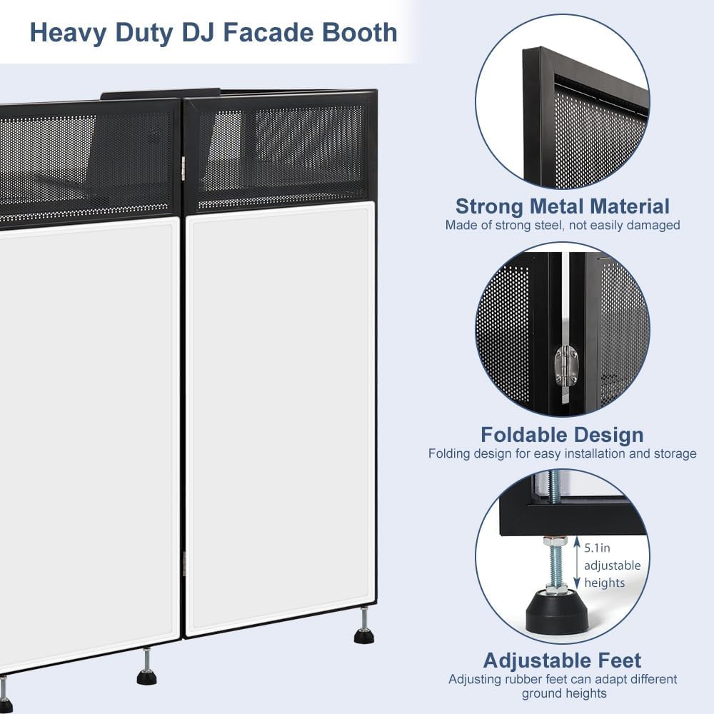 LUCKUP Portable DJ Booth 41"L x 20"W DJ Facade with White & Black Scrim, Foldable DJ Table Station with Adjustable Feet for Party, Black Metal Frame