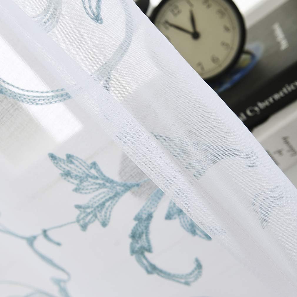 Embroidered Sheer Curtains Blue 95 Inches Vintage Floral, Window Treatments Rod Pocket Drapes for Living room, Bedroom, Semi Crinkle Voile Curtain Panels for Yard, Villa, Parlor, Set of 2, 52"x95".