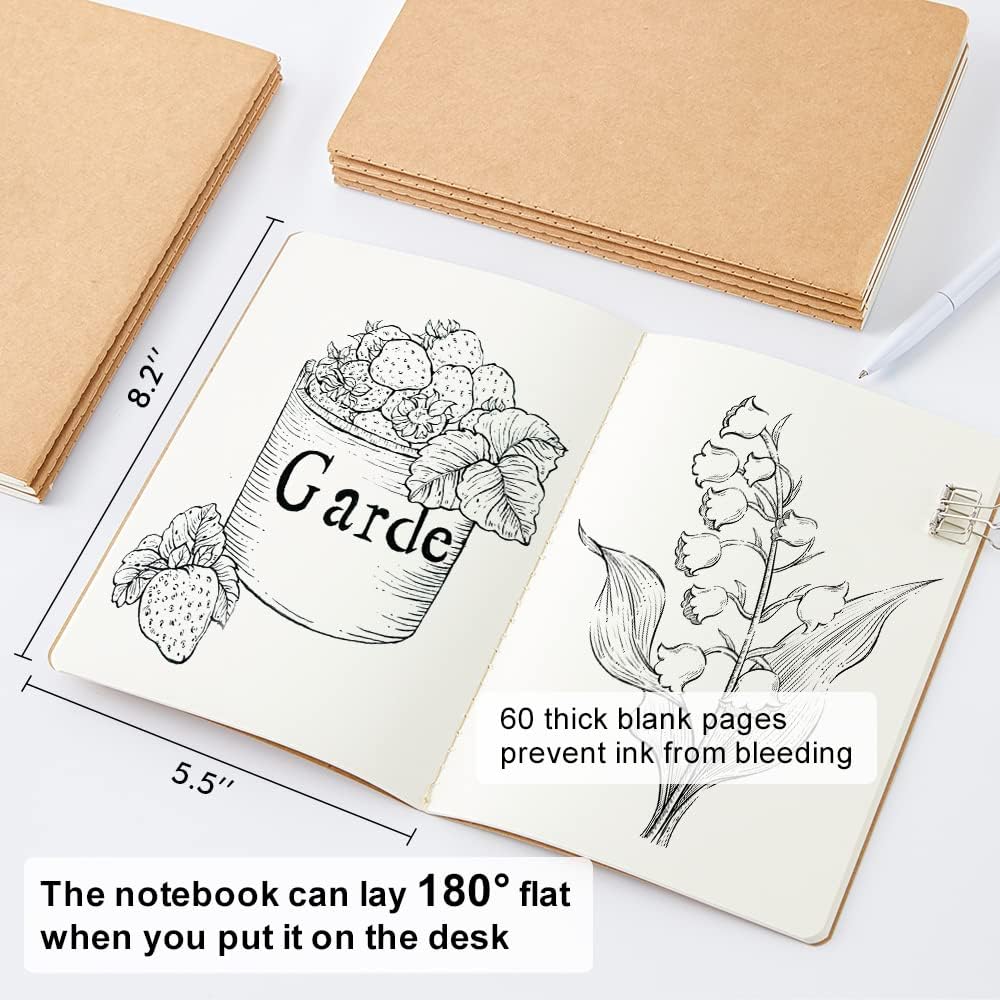 feela 15 Pack Blank Kraft Notebooks, Unlined Sketchbook Note Pad Travel Journal for Drawing Doodling Writing, Journal Bulk For Women Kids Students Office School Supplies, A5, 60 Pages, 8.3” X 5.5”