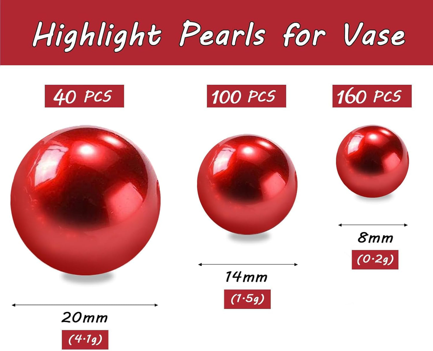 300Pcs Red Polished No Hole Faux Pearl Beads for Vase Filling Decorations, Plastic Pearls Vase Fillers, Table Scatters, Wedding Centerpiece, Home Decor, 8/14/20 mm