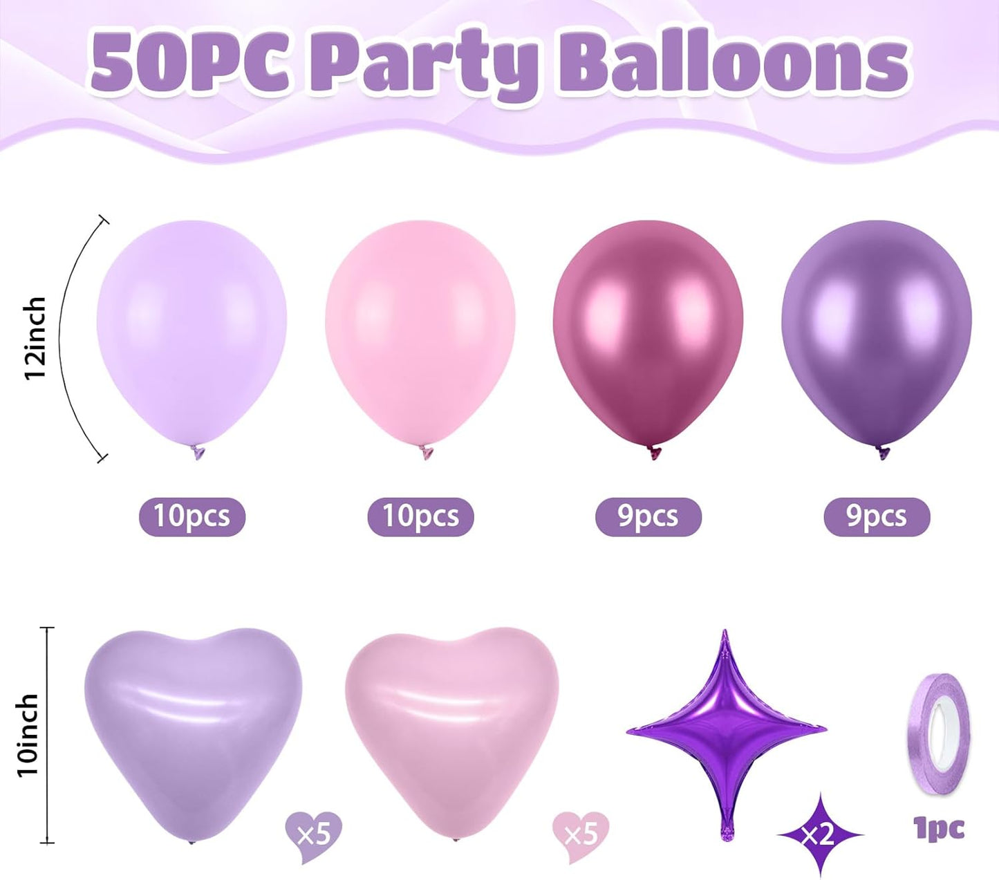 Pink and Purple Balloons, 50pcs Pink Purple Balloons With Macaron Heart Latex Balloon, Four Star Heart foil Balloon For Birthday Baby Shower Girls Women Party Wedding Bridal Shower Anniversary Decor