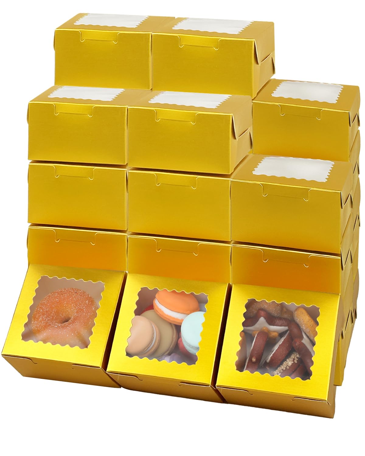 Bakepacker 60pcs Gold Bakery Boxes with Window 4x4x2.5 inches Thick & Sturdy Macaroon Pastry & Cookie Boxes