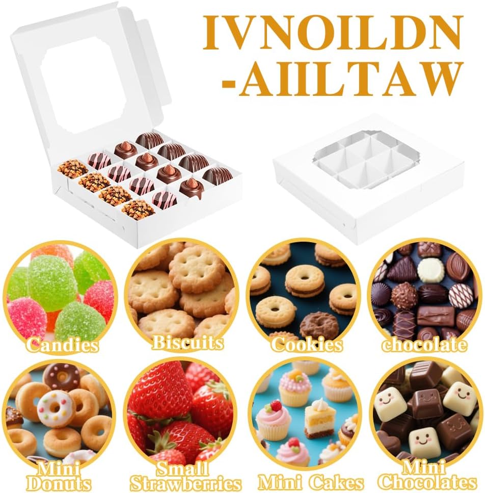 25 Pack White Bakery Boxes, Sweet Boxes with Windows and Divider, 16-Compartments Dessert Box for Chocolate Sweet Assortment