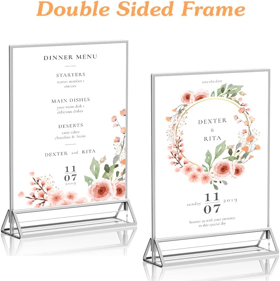 16 Pack 4x6 Clear Acrylic Sign Holders with Silver Borders and Vertical Stand, Double Sided Display Acrylic Table Number Holder for Desktop Table Menu, Wedding, Party, Restaurant