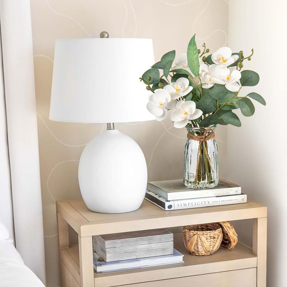 White Orchids Artificial Flowers with Vase Fake Flowers in Vase Artificial Eucalyptus Stems in Glass Vases with Faux Water Faux Orchid with Eucalyptus Leaves Arrangement for Dining Table Centerpiece