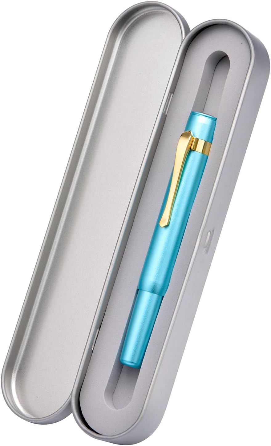 HONG DIAN M2 Black Forest Mini Fountain Pen, Long Blade Nib & Sleek Shape Aluminium Short Pocket Travel Pen (Lake Blue)