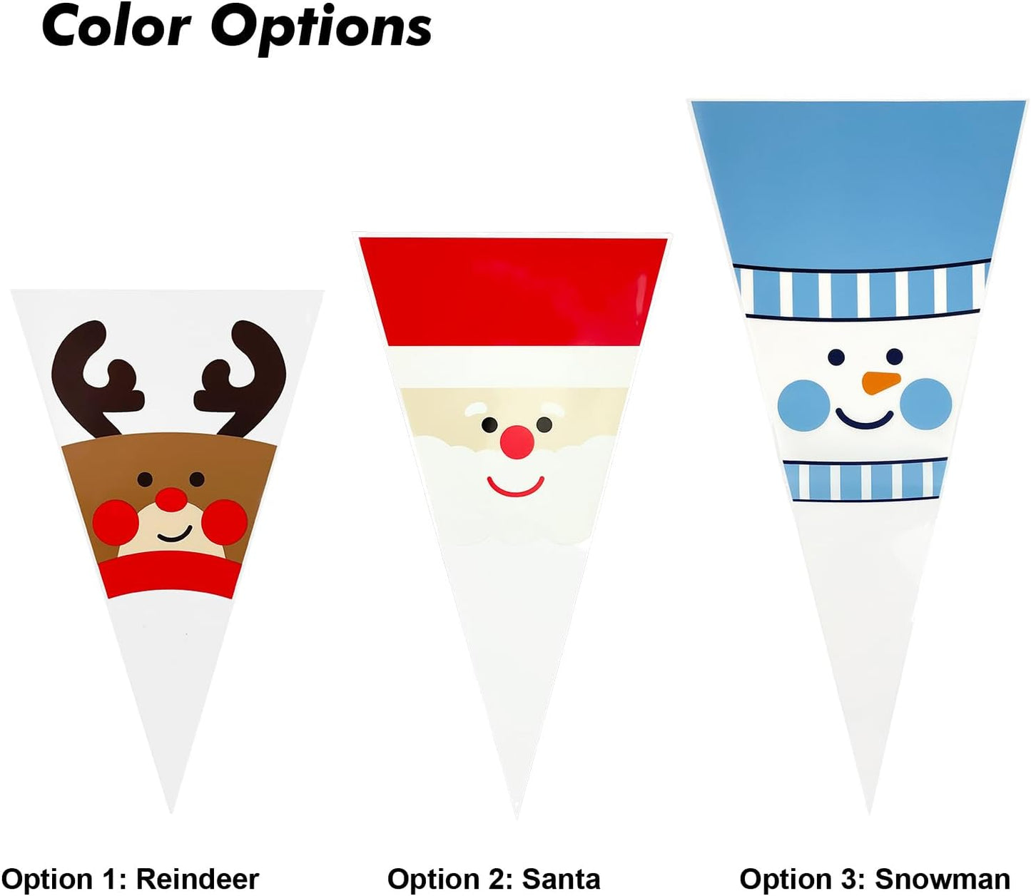 EKAPACKAGING 50Pcs 6.3x11.8 Inches Santa Print Cone Shaped Treat Bags with Ties, Christmas Clear Cellophane Bags, Party Favor Bags for Popcorn, Cookies, Cotton Candy, Gift, and Pretzel Rod