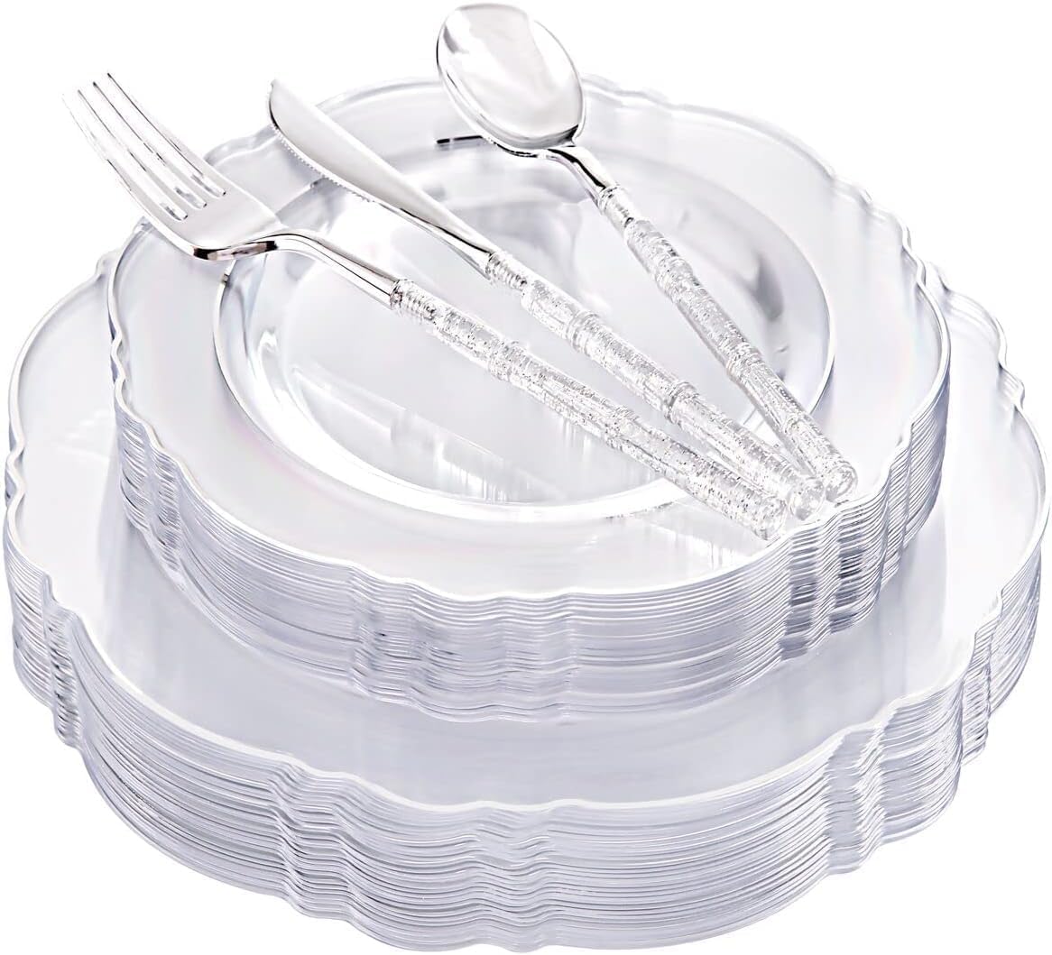 Liacere 150PCS Clear Silver Plastic Plates & Disposable Silver Plastic Silverware with Glitter Bamboo Handle Cutlery-Baroque Clear Disposable Plates for Wedding & Easter day & Mother's Day
