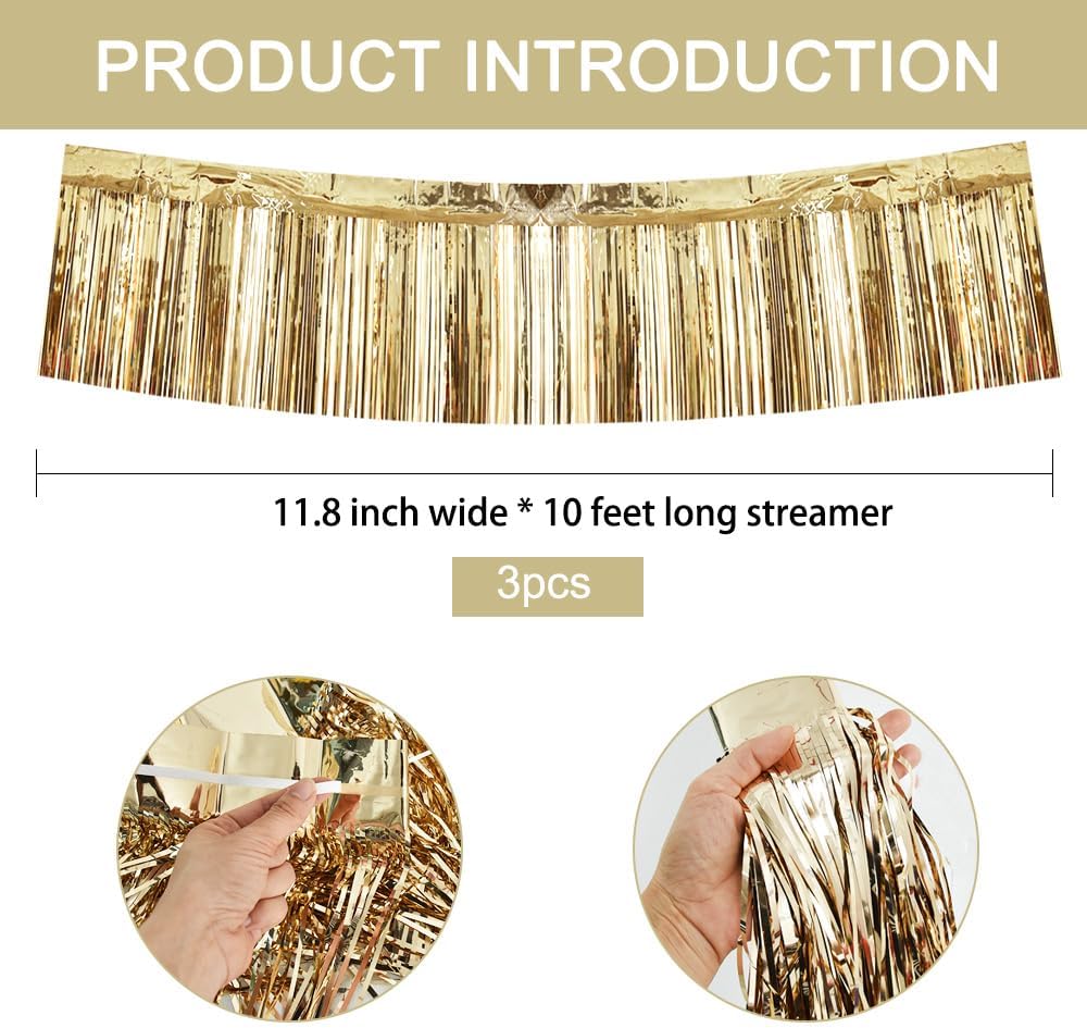 BEISHIDA 3 Packs Metallic Foil Fringe Garland Champagne Wall Hanging Tinsel Fringe Banners for Car Floats Halloween Bridal Shower Wedding Birthday Easter Graduation Holiday Party Decoration(30Ft)