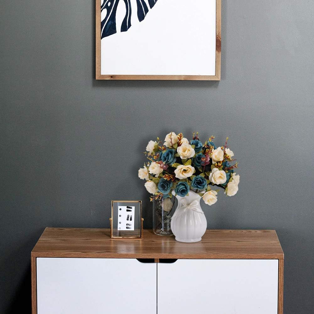 LESING Artificial Fake Flowers with Vase Silk Artificial Roses Wedding Flowers Bouquets Home Office Party Meeting Room Decoration (Blue-1)