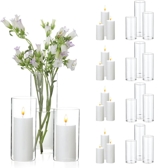 UDU Set of 12 White Pillar Candles and 12 Glass Cylinder Vases Hurricane Holders, Slim Pillar Candle Holder, Cylinder Vases for Centerpieces Wedding Table Party Home Decor(2.6" X 4.7", 5.9", 7.9")