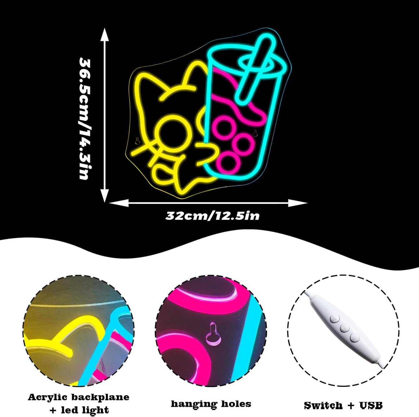 Looklight Cat Boba Tea Neon Sign,Yellow Cute Kitty Bubble Tea Neon Signs for Wall Decor,Dimmable LED Neon Light Bar Sign,USB Light Up Signs for Dimsum Store Bar Milk Tea Shop