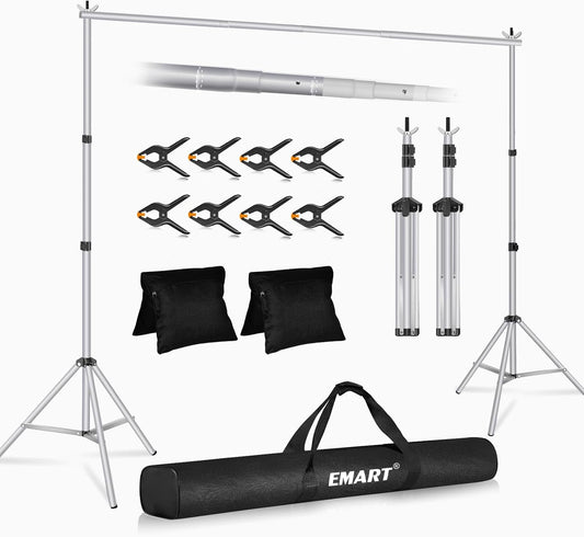 EMART Backdrop Stand 10x8.5ft(WxH) Photo Studio Adjustable Background Stand Support kit with 2 Crossbars, 8 Clamps, 2 Sandbags and Carry Bag for Parties, Events Decoration, Wedding, Photography-Silver