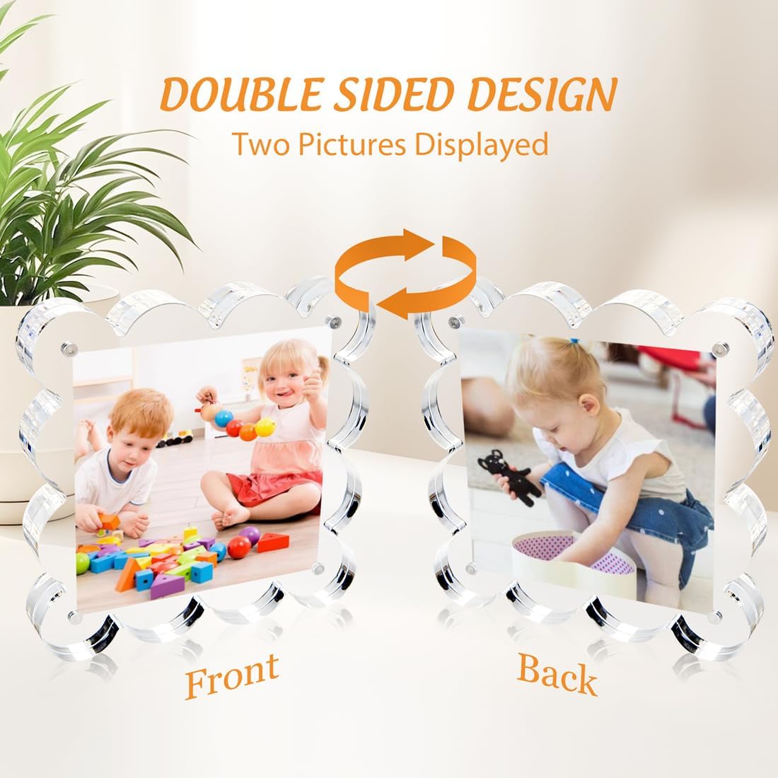 3 Pack 4x4 Inch Magnetic Acrylic Picture Frame,10+10mm Thick Block,Double Sided Clear scalloped frames for Desktop Display | Trendy Home Gift ((3 Pack), 4X4)