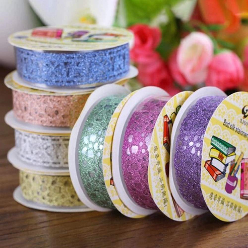 SallyFashion Washi Tape for Scrapbooking, 6 Roll Lace Pattern Glitter Tape in 6 Colors for Journaling, DIY Craft Projects, Card Making