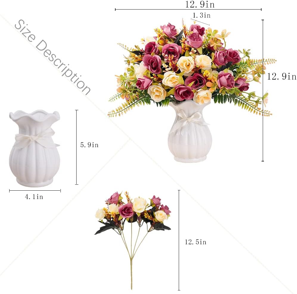 LESING Artificial Fake Flowers with Vase Silk Artificial Roses Wedding Flowers Bouquets Home Office Party Meeting Room Decoration (Violet red-1)