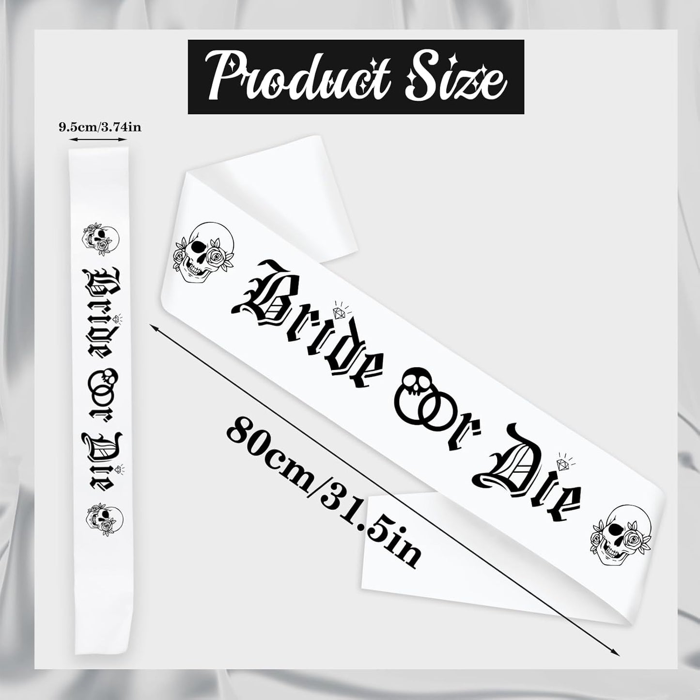 Gothic Bride or Die Sash with Black Printed, White Bride to Be Bachelorette Sash for Hen Party Bridal Shower Engagement Wedding Party Decorations Supplies Accessories Favors Gift (White+Black)