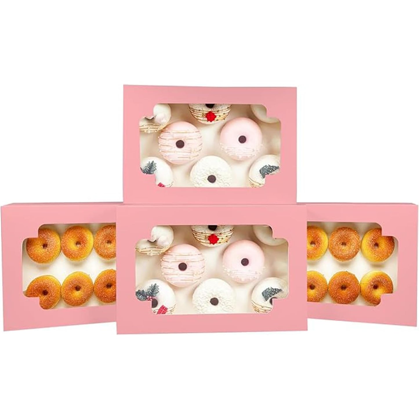 qiqee Auto-pop up Pink Cookie Box with Window 12x8x2.5 inch 32 Packs Two Uses One Second Folding Pastry Biscuit Bakery Box for Packaging