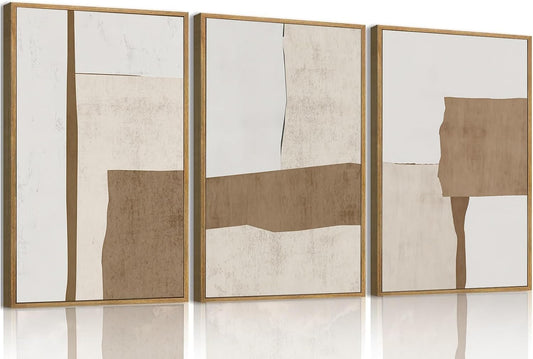 myusuar 3 Piece Large Modern Abstract Canvas Framed Wall Art For Living Room, Brown And Beige Block Minimalist Wall Art Decor Posters Prints For Bedroom Office, 16x24in