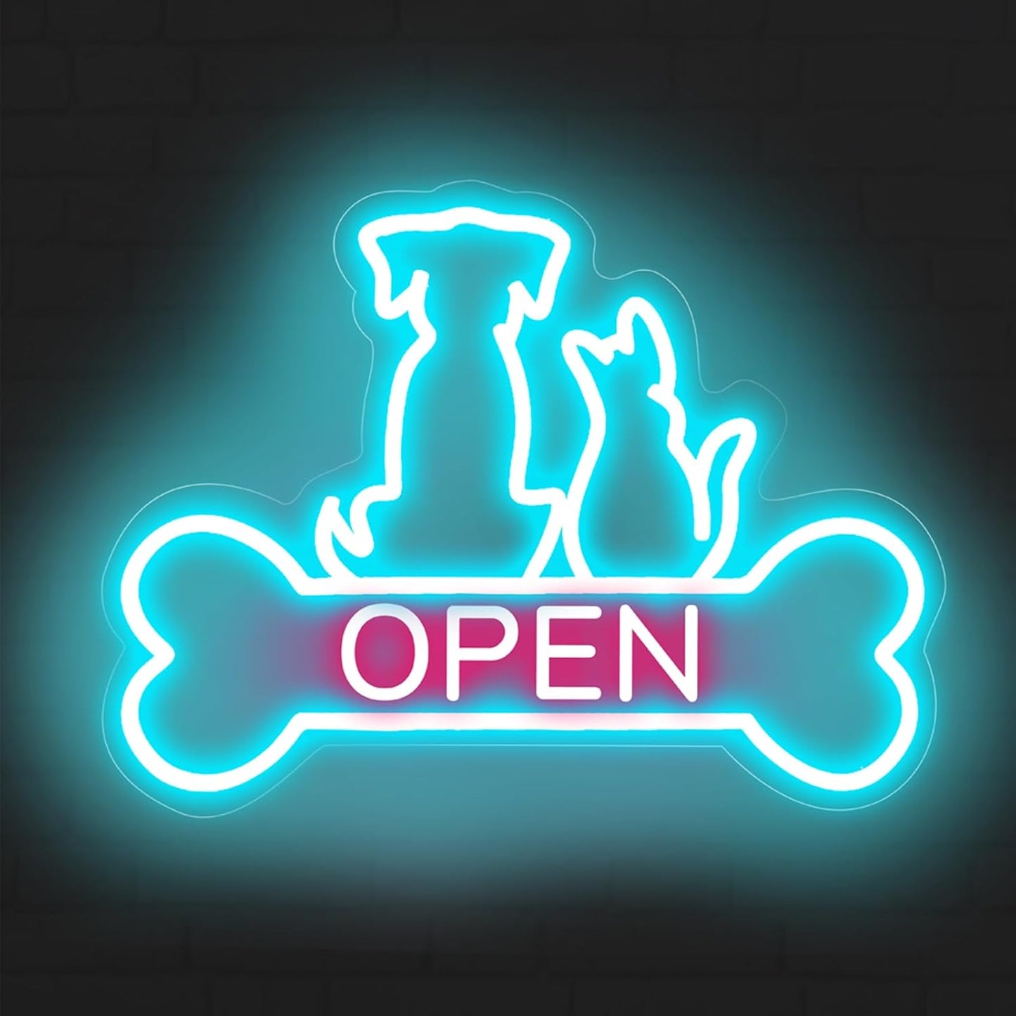 Pet Shop Open Neon Sign LED Dog And Cat Open Sign Bright Pet Grooming Salon Light Animal Shelter Storefront Decor Vet Clinic Window Sign, Ice Blue+Light Pink, 16.5"x12.4"