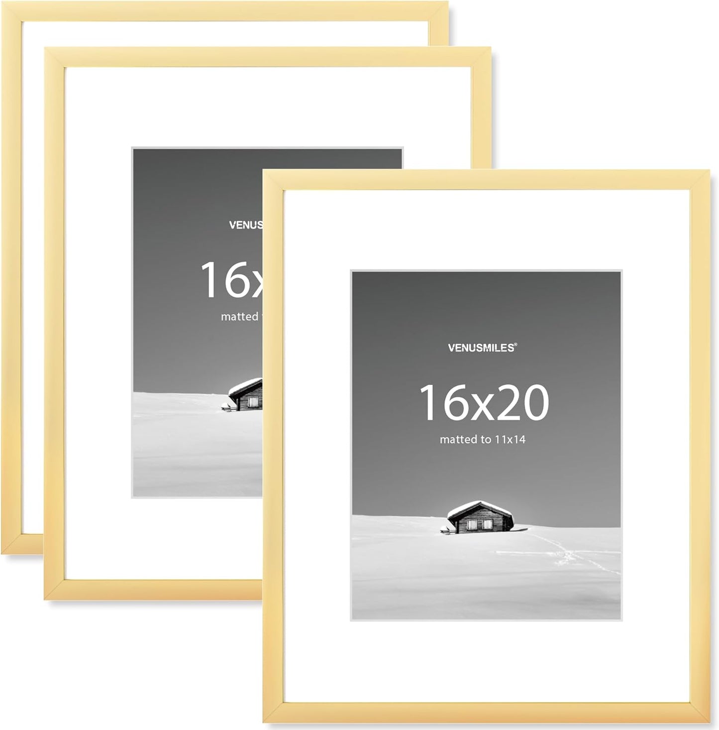 16x20 inch Picture Frame, 16x20 Photo Frames with 11x14 Removable Mat - High Definition Plexiglass - Vertical and Horizontal Display - Wall Hanging Frame - Gold, 3 Pack