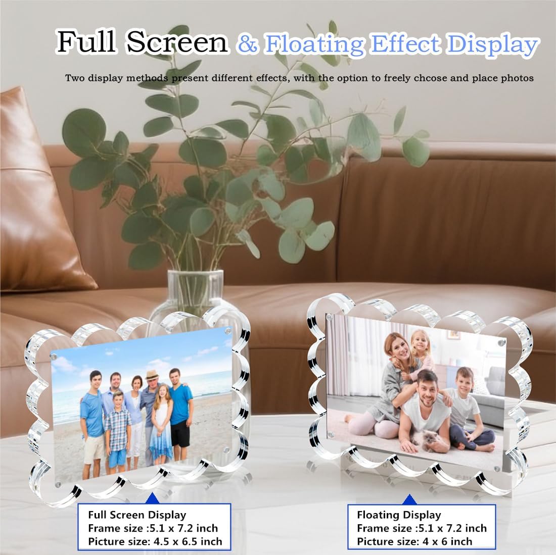 3 Pack 4x6 Inch Magnetic Acrylic Picture Frame,10+10mm Thick Block,Double Sided Clear scalloped frames for Desktop Display | Trendy Home Gift ((3 Pack), 4X6)