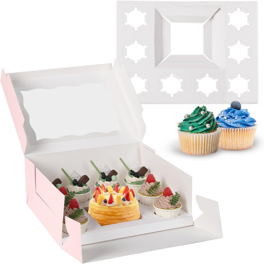 JCD 8 Packs Pink Bento Cake and Cupcake Box 1+8 Bento Box with Clear Window for 4-inch Cake and 8 Cupcakes Packaging Gift Baked Goods for Family Dinner Birthday Party Picnic Gift (Pink 1+8/8Pcs)