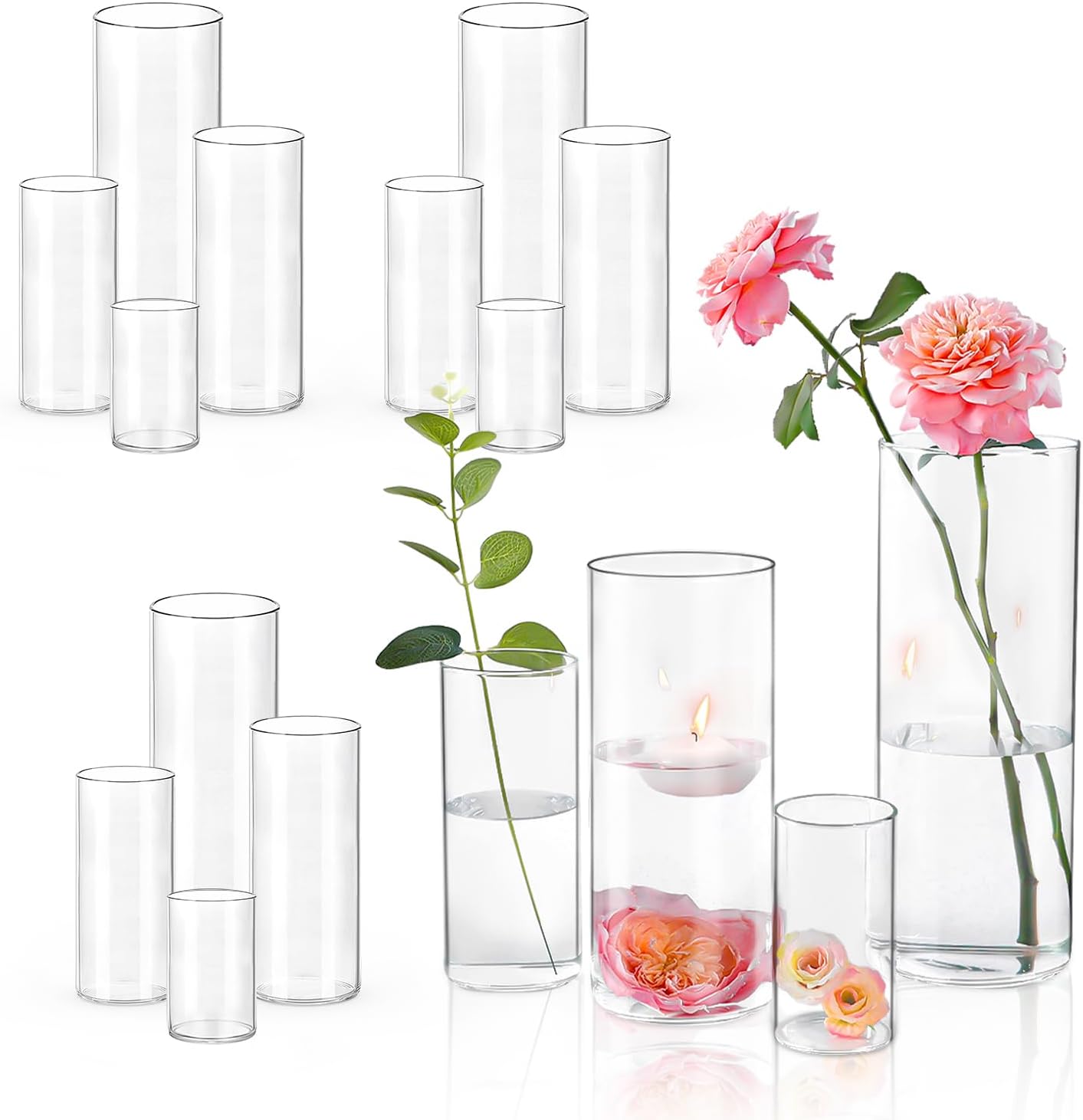 16 PCS Clear Cylinder Vases for Centerpieces | 4, 6, 8,10 Inch Tall Flower Vase for Wedding Decorations, Clear Floating Candle Vases in Bulk, Hurricane Candle Holdersfor Table, Home Décor
