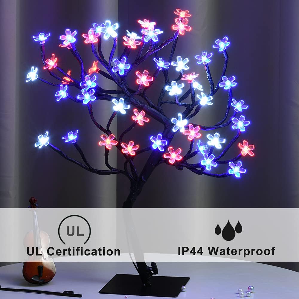 Pooqla 18 Inch 48 LED RGB Cherry Blossom Tree Light with Remote 16 Color-Changing LED Artificial Flower Bonsai Tree Table Top Lamp Home Lit Tree Centerpieces Christmas Decor