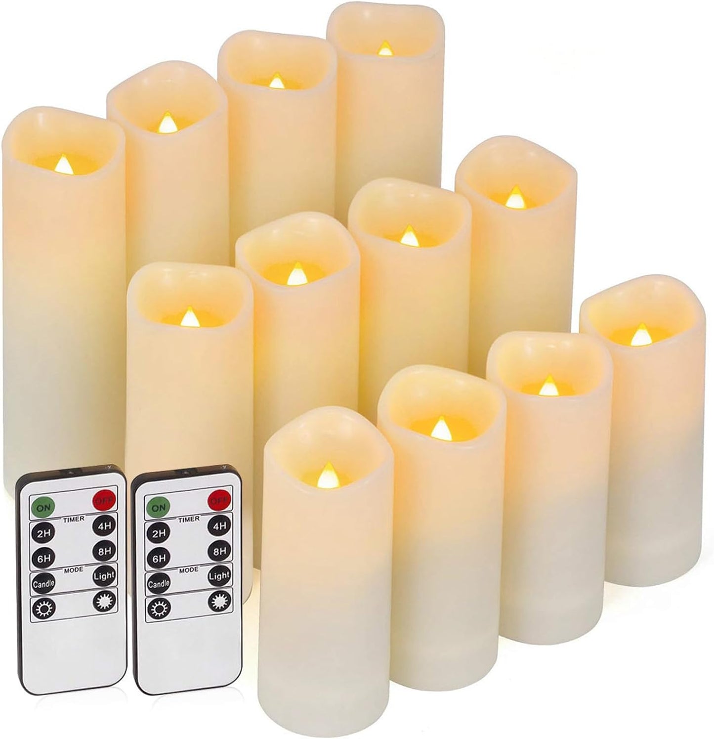 Enido 12 Pc Flameless LED Candles with Remote & Timer, Outdoor Waterproof, Flickering Electric Warm Lights for Cozy Home & Holiday Romantic Decor, Battery Operated for Party(D 2.2” x H 4”/5”/6”