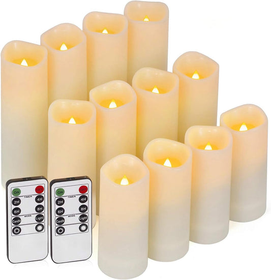 Enido 12 Pc Flameless LED Candles with Remote & Timer, Outdoor Waterproof, Flickering Electric Warm Lights for Cozy Home & Holiday Romantic Decor, Battery Operated for Party(D 2.2” x H 4”/5”/6”
