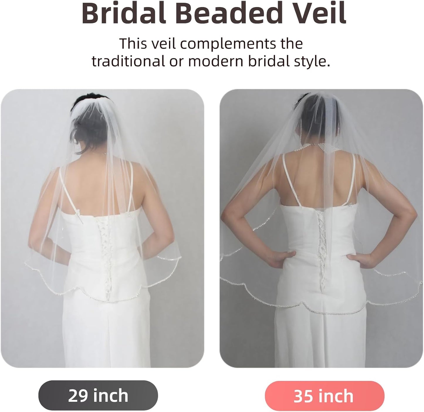 Bridal Veils Pearls and Crystals Beaded Edge Fingertip Length Wedding Veil for Women