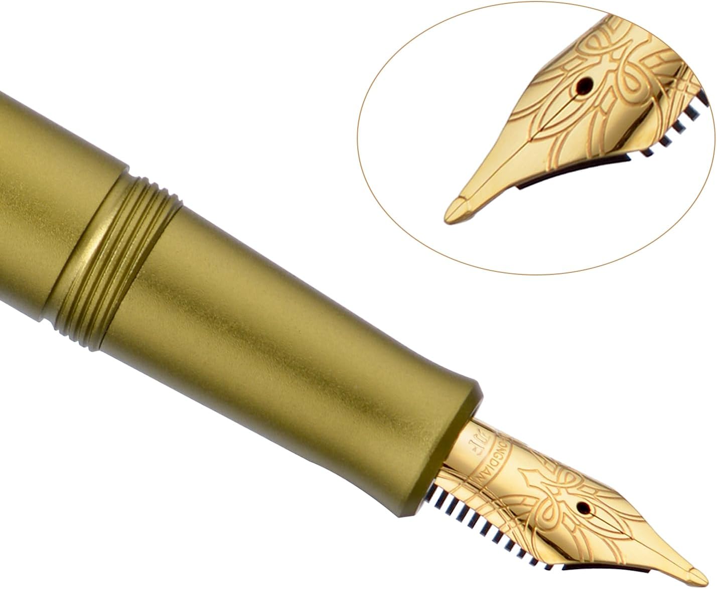 HONG DIAN M2 Black Forest Mini Fountain Pen, Long Blade Nib & Sleek Shape Aluminium Short Pocket Travel Pen (Olive Green)