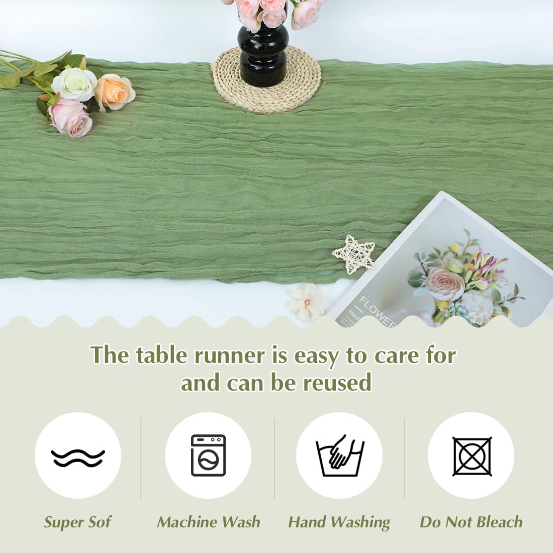 10 Pack Olive Green Cheesecloth Table Runner -21*120Inch Long Boho Wedding Table Decor, Rustic Gauze Fabric Runner for Bridal Showers, Baby Showers & Parties (Sheer, Lightweight, Wrinkled Design)