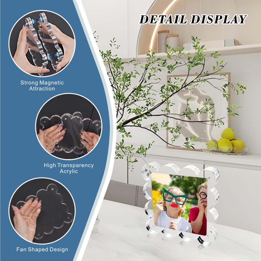 3 Pack 4x4 Inch Magnetic Acrylic Picture Frame,10+10mm Thick Block,Double Sided Clear scalloped frames for Desktop Display | Trendy Home Gift ((3 Pack), 4X4)