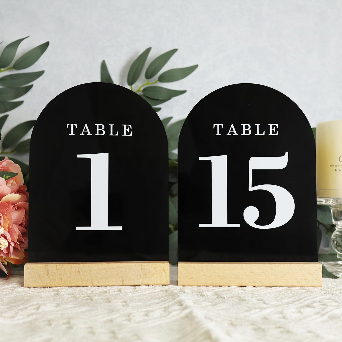 Wedding Table Numbers 1-15, Acrylic Arch Signs with Natural Wood Stands Holders, Rustic Table Decor for Reception & Parties (Black White)