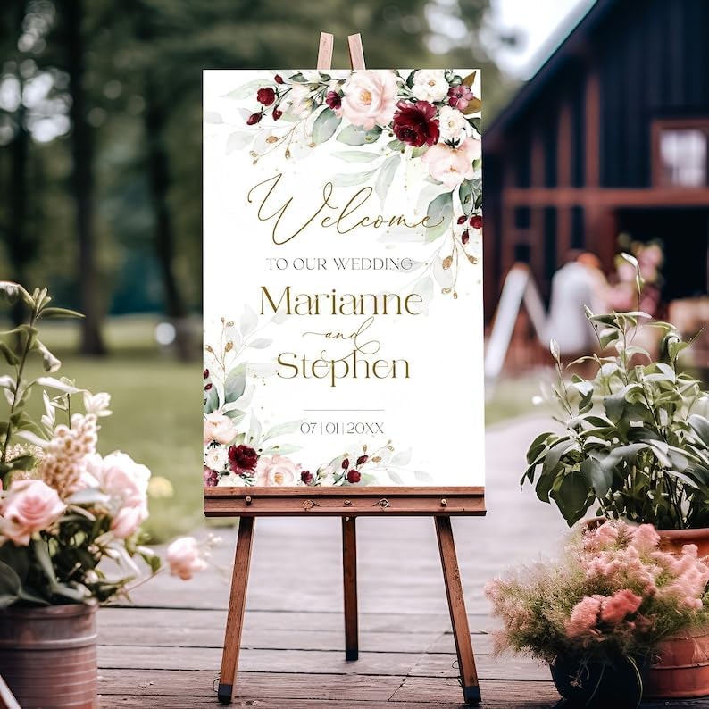 Burgundy Wedding Welcome Sign Template, Editable Blush Pink Welcome Sign Printable Wedding Welcome Plan Marsala Welcome Board