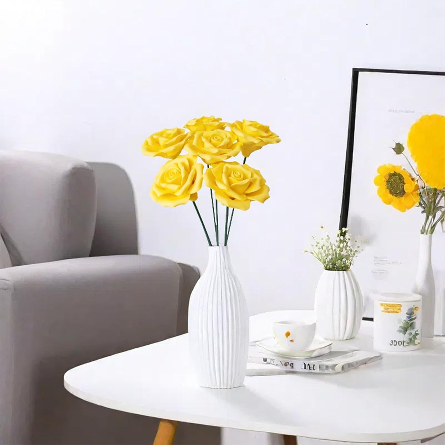 6 pcs Handmade Ceramic Roses,Featuring Vibrant Colors and Intricate Petal Details Floral Decorations Wedding Decoration Christmas Decor Gift Providing Long-Lasting Beauty (Yellow)