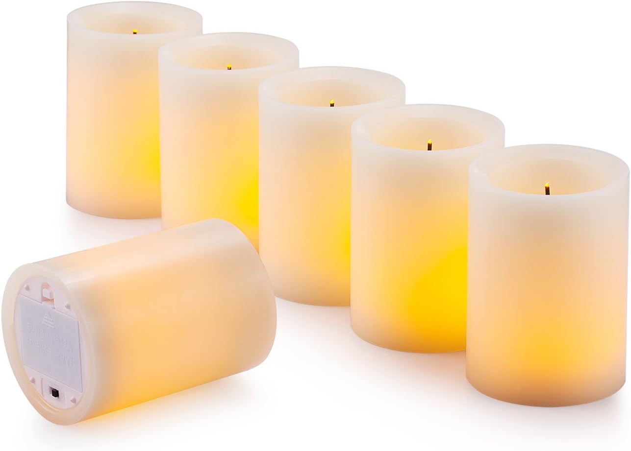 Flameless Flickering LED Candles 3" X 4" with 10-Key Remote Control Timer Classic Pillar Optical Fiber Wick Real Wax Battery Operated Candles, Ivory Color, Set of 6