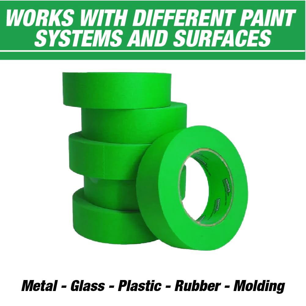 LAUCO DINOGREN High Performance Masking Tape for Car Paint, Heat & Water Resistant, Multi-Purpose Green (1.5 in x 60 yd, 6 Rolls) – Clean Removal, Auto Body Shop, Industrial Use, Crepe Backed*