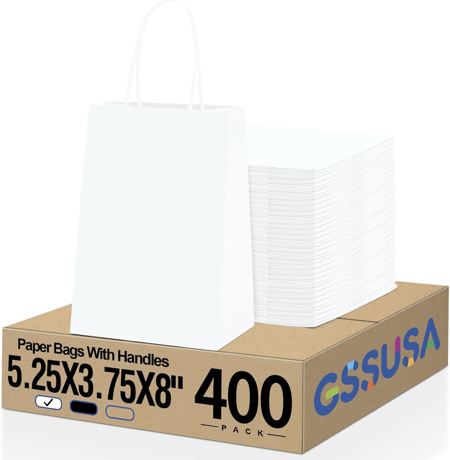 GSSUSA White Gift Bags 5.25x3.75x8 400Pcs, Paper Bags with Handles Bulk for Small Business