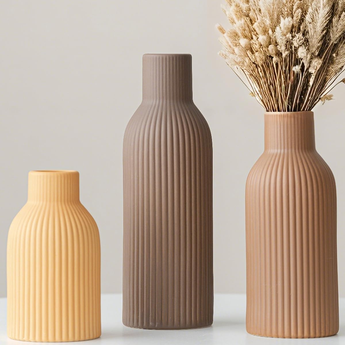 Modern Ceramic Vases Set of 3, Coffee Table Ribbed Decorative Vases, Shelf Table Centerpiece for Home Decor (Coffee Mix)