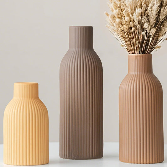 Modern Ceramic Vases Set of 3, Coffee Table Ribbed Decorative Vases, Shelf Table Centerpiece for Home Decor (Coffee Mix)