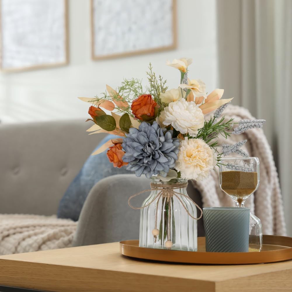 LESING Dahlia Flower Aritificial Flower with Vase Fake Silk Flowers in Glass Vase Faux Rose Flowers Arrangement for Home Office Table Centerpiece Decoration (Blue)