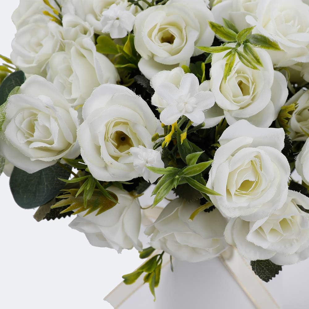 LESING Artificial Silk Rose with Vase Fake Flowers Wedding Flowers Bouquets Arrangement Home Office Party Centerpiece Table Decoration (White)