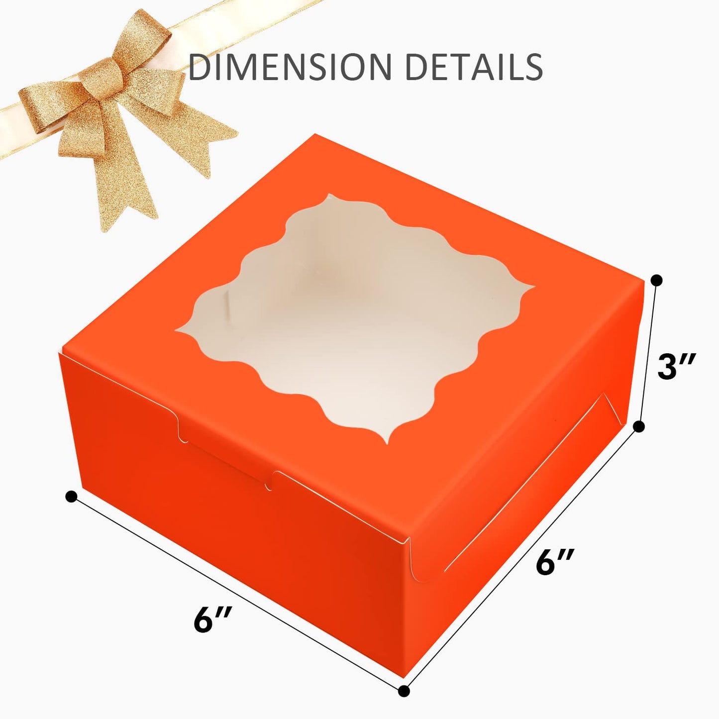 Bakepacker 60pcs Orange Bakery Boxes with Window 6x6x3 inches Thick & Sturdy Macaroon Pastry Boxes Cookie Boxes for Bakerys